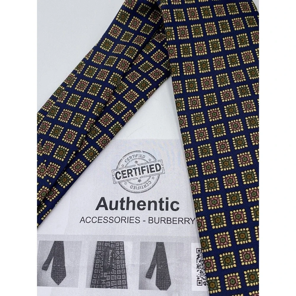 Burberrys Authenticatede 100 % Silk Tie‎ Blue Yellow Orange Geometric Fouland